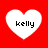 Four white heart shapes on a red background, each containing the text 'kelly' in black pixelated font.
