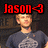 A person wearing a dark gray t-shirt with a light graphic stands against a blurred background, with text above displaying 'Jason<3' in red, blue, and yellow colors.