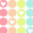 pastel-colored circles with white heart symbols on a white background, featuring pink, peach, lime green, and turquoise hues