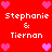 Red background with pixelated text and hearts, displaying "Stephanie & Tiernan" in white font surrounded by pink heart icons.