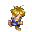 Pixelated character with brown hair and blue outfit in six sequential poses showing walking motion against gray background.