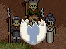 Pixel art scene with four characters surrounding a glowing blue silhouette that changes shape across frames.