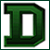 Green stylized letter D with gradient shading and black outline on white background, framed by dark green border.