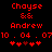 Red pixelated text and symbols on black background with two identical side-by-side layouts showing names, date, and heart patterns.