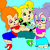 Three cartoon characters in a group pose with one character holding a microphone, set against a light blue background with a pink and gray lower section.