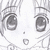 Pixelated grayscale image of a stylized face with large eyes, small nose, and mouth showing teeth in a neutral expression.