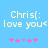 Light blue background with pixelated text and star symbols, showing two identical side-by-side frames of 'Chris(: love you<' followed by pink and purple stars.