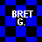 Four identical pixelated text displays on blue and black backgrounds with varying geometric patterns, each showing 'BRET G.' in white block letters.