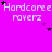A static image with a bright pink background displaying repeated text "Hardcore raverz" in white pixelated font, scattered purple and black stars.