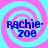 Four identical pixelated icons arranged in a , each featuring blue text 'Rachie-Zoe' over a pink and cyan spiral background