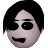 Pixelated face with black hair, one eye covered by hair, single visible eye with small white highlight, closed mouth with slight smile, light skin tone, gray background.