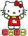 Pixelated Hello Kitty character with red bow, yellow shirt, and red overalls standing above four colored blocks displaying 'CATH' text.