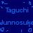 Blue background with repeated pixelated text 'Taguchi' and 'Junnosuke' in light blue, surrounded by small decorative shapes.