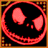 Pixelated static icon featuring a red circular outline with two pinkish-red shapes inside on black background, bordered by orange-brown frame with pixelated color accents.