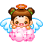 Pixel art angel with brown pigtails, blue wings, pink cloud prop, and orange halo in four expressions.