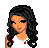 Pixel art of a character with long black hair wearing white top, red skirt, and pink leg wraps; two views show different angles.