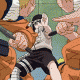 Animated sequence showing a character in black shorts and bandaged arms performing acrobatic moves against a green background with orange figures
