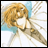 Pixelated anime-style character with curly blonde hair and white clothing against a light blue and white background, next to black with stylized text