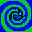 Four identical spiral patterns in blue and green with the text "I'm dizzy" in black pixelated font centered in each spiral.