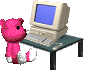 Pink plush bear sits at desk with beige computer; screen displays blue background or red question mark; bear's pose changes across frames.