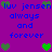 Purple background with blue text reading "luv jensen always and forever" and green heart symbols in multiple positions.