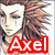 Pixelated anime-style character with brown hair and a tear on face, red text 'Axel' below; black heart with green plus sign; blonde character with closed eyes; two characters kissing with red and blonde hair and blue text 'Aku roku' and 'Roxas'.
