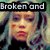 A four- shows a person with light-colored hair and red lips; the top-left has text "Broken and" and the top-right has "missing you"