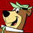 Pixelated cartoon dog head with green bandana, white collar, and bone prop against solid red background.