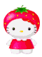 Four pixelated Hello Kitty characters in a , each wearing fruit-themed headwear and matching outfits against a gray background