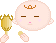 Pixelated character with round white face, brown crown-like symbol on forehead, closed eyes, and pink cheeks holding golden trophy in left hand.