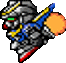 Pixelated mecha with silver armor, green eyes, red mouth, blue and yellow accents, firing an orange projectile from its right arm.