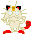 Pixelated cartoon cat with cream fur, black-and-red ears, yellow forehead stripe, red feet, and curled red tail, shown in two expressions against gray background.