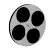 A circular icon with five black dots on a light gray background, shown in multiple orientations including side views and flat views.