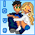 Pixel art buddy icon showing a man holding a woman in his arms against a light blue background with four blue UI icons on the left side.