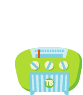 Green retro radio with blue stripes and 'TB' logo, emitting speech bubbles containing musical notes or the word 'Open!' in black text.