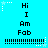 Pixelated text 'Hi I Am Fab' repeated in two on cyan background with white star and dotted line accents