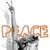 A split- image with a grayscale peace sign and 'PEACE' text on the left, and blue background with 'imagine all the people...' text on the right