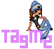 Pixelated avatar of a girl in blue beanie and jeans, crouching with one hand on the ground, purple 'TagMe' text below.