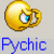 A pixelated golden skull with a single visible blue eye and white teeth, positioned above the word 'Pychic' in blue text.