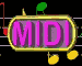 Animated sequence of three identical 'MIDI' icons on black background with musical notes and yellow dots, each icon framed in yellow with pink text.
