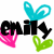 Pixelated text 'emily' with colored accents and heart-shaped elements in cyan, pink, green, black, brown.
