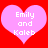 Two pink hearts on red background with white text "Emily and Kaleb"; left heart has pixelated edges, right heart is sharper.