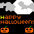 Pixelated Halloween-themed animation with orange text, pumpkins, and bats on a black background.