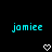 Two identical cyan pixelated text strings 'jamie' appear side-by-side on a black background with white pixelated heart symbols below each text string.