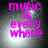 Four- of pixelated text 'music is every where' in bright pink on dark gray background with light gradient