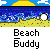 Animated contact sheet showing 11 frames of a beach-themed AIM buddy icon with stick figures, balls, and suns in pixel art style.