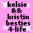 Pixelated text on pink background with white starbursts, displaying 'kelsie', 'kristin', 'besties 4-life', and '&&' in black font.