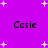 Purple background with white starbursts and four instances of the text 'Cosie' in pixelated black font arranged in a