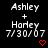 Pixelated text displays 'Ashley + Honey 7/30/07' with a red heart symbol below, on a black background.
