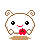 Pixelated cartoon hamster with brown ears and feet, white body, black eyes, red mouth, pink cheeks; holds a red apple in one frame.